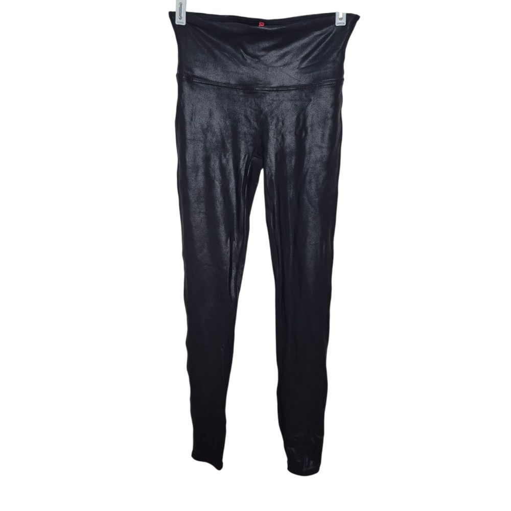 SPANX Shiny Black Faux Leather Leggings Shapewear Size Medium